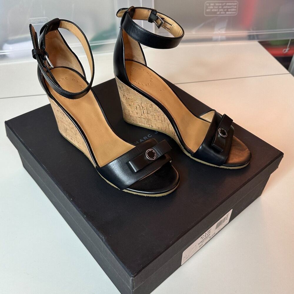 Marc by Marc Jacobs Black Leather & Cork Wedge Ankle Strap Sandals Silver 7.5 - Picture 6 of 11